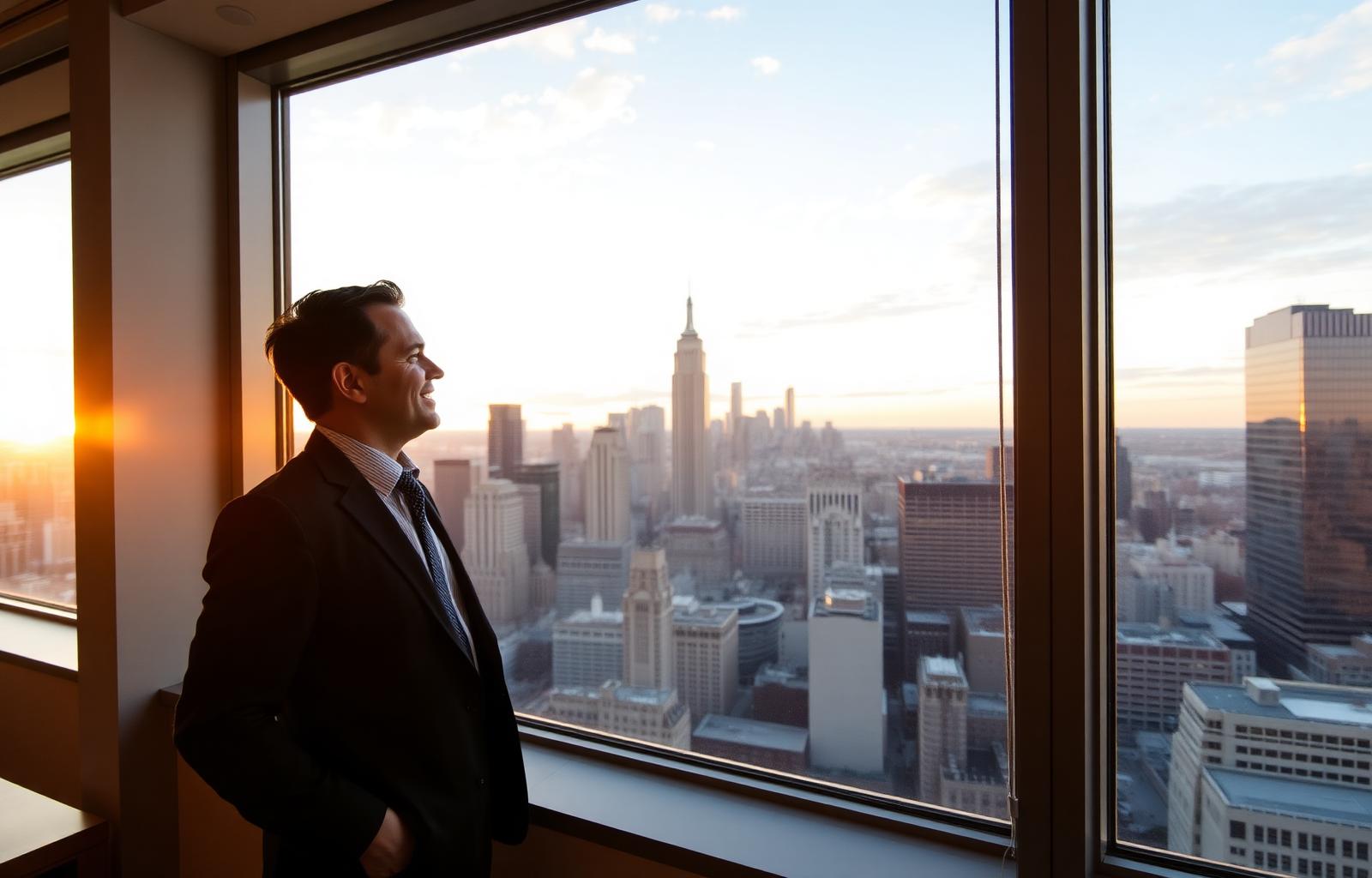 Business leader looking out over a city skyline at golden hour