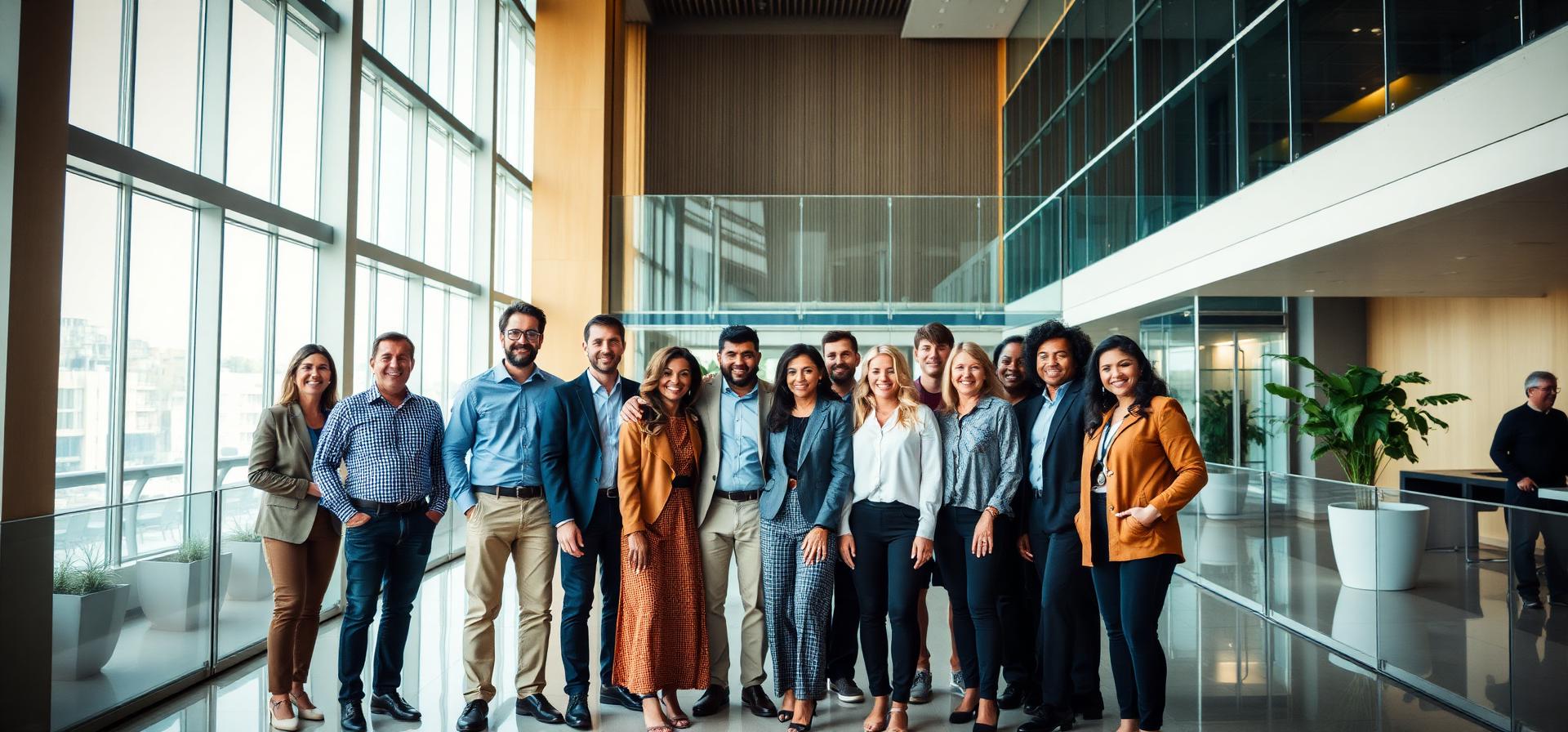 Diverse team gathered in a modern office atrium